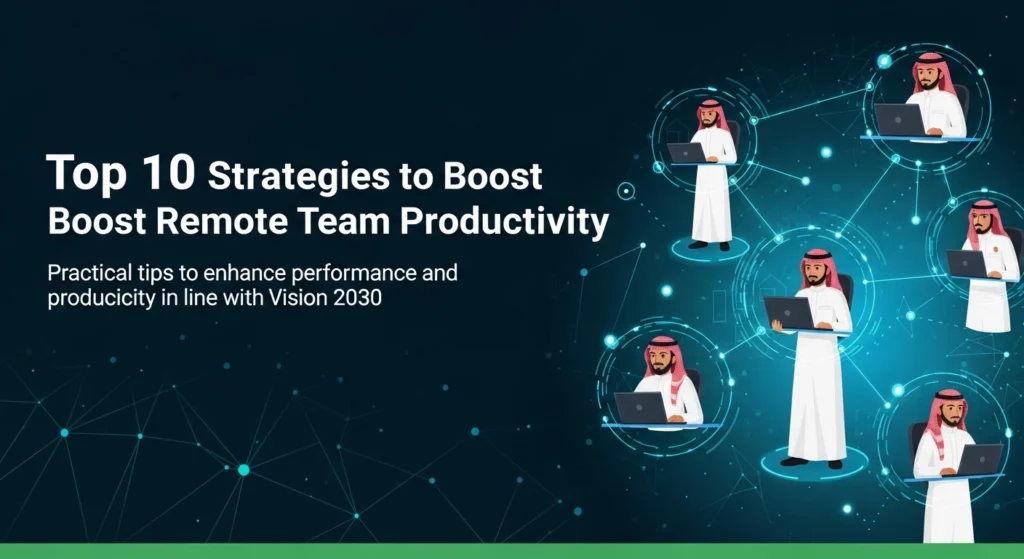 Image of a presentation slide titled "Top 10 Strategies to Boost Remote Team Productivity," aligning performance with Vision 2030.