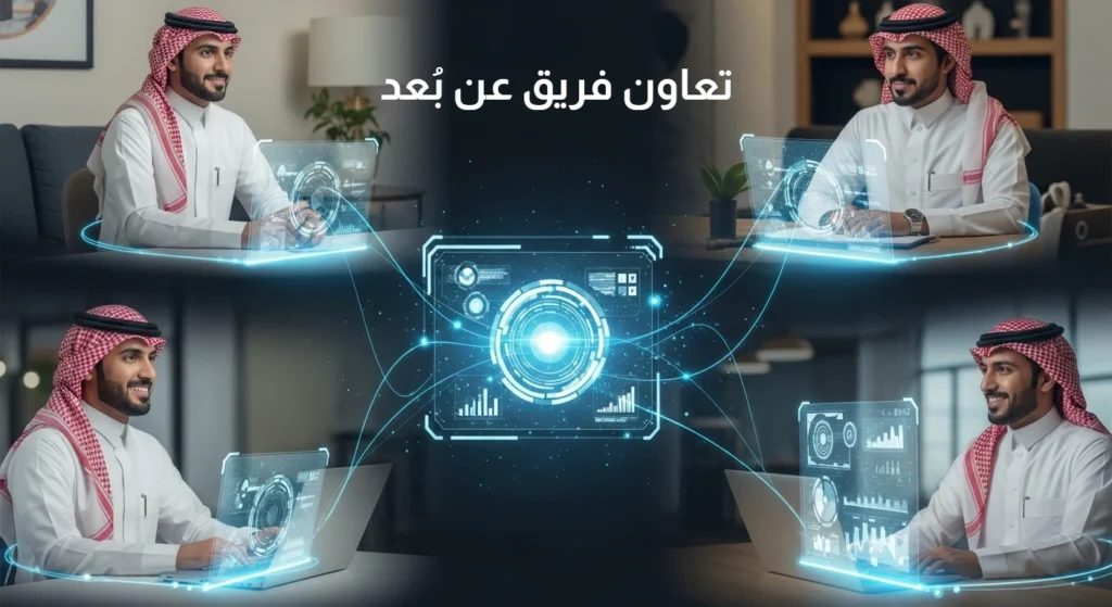 صورة رقمية تُظهر أربعة رجال يرتدون الزي السعودي، يجلسون ويعملون على حواسيب محمولة، تتصل شاشاتهم بشبكة رقمية مركزية مضيئة، مع عبارة "تعاون فريق عن بُعد".