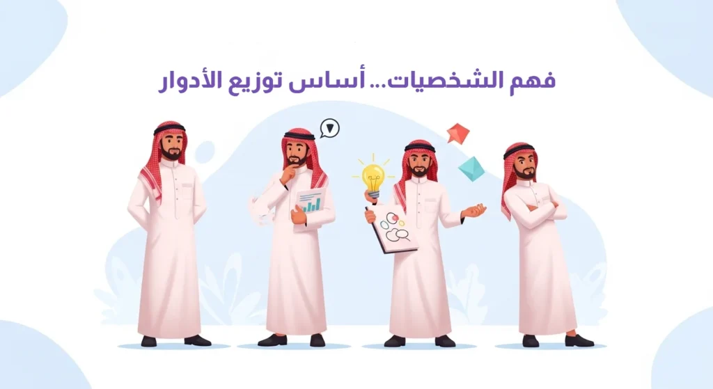 صورة غلاف مقالة بعنوان "فهم الشخصيات… أساس توزيع الأدوار". تظهر أربعة رجال يرتدون الزي السعودي بأوضاع مختلفة، يمثلون أنماطاً مختلفة للشخصيات والمهام (مفكر، محلل، مبدع، منفذ)، مع رموز مثل مصباح الفكرة والرسوم البيانية.