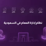 صورة رقمية بخلفية أرجوانية تُظهر أيقونات مهام وتقارير وأمان وسحابة وامتثال، وتتوسطها عبارة: "نظام إدارة المهام في السعودية".