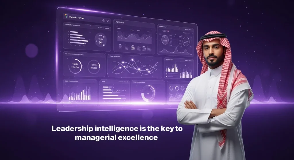 Executive in traditional Middle Eastern attire standing before a glowing digital dashboard of business and team-management data, with the phrase “Leadership intelligence is the key to managerial excellence