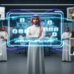 A Saudi man in traditional dress stands in front of a glowing digital organizational chart, surrounded by floating screens showing colleagues.