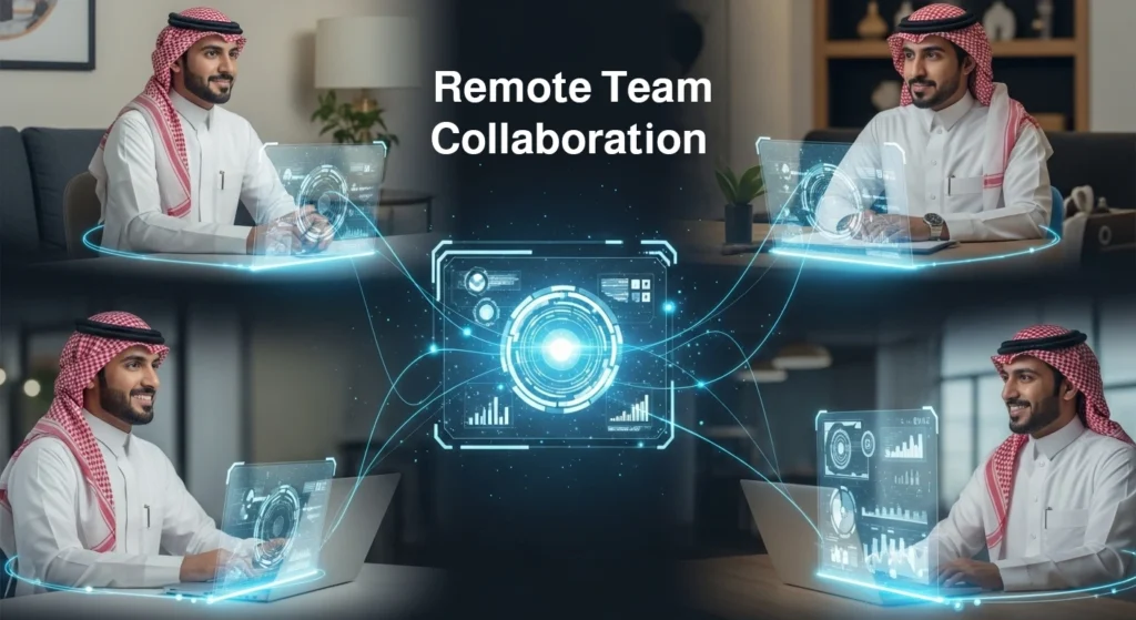 Four men in Saudi attire collaborate remotely via glowing holographic interfaces and laptops, centered around the text 'Remote Team Collaboration.