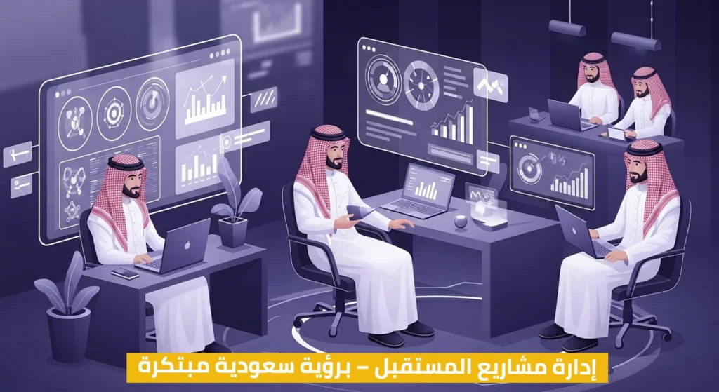 صورة رقمية تُظهر أربعة رجال يرتدون الزي السعودي التقليدي يعملون على أجهزة حاسوب محمول في مكتب عصري، محاطين بشاشات رقمية تعرض لوحات بيانات ومخططات لتحليل وإدارة المشاريع، مع شريط نصي في الأسفل يقول: "إدارة مشاريع المستقبل - برؤية سعودية مبتكرة"