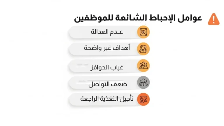 رسم توضيحي لعوامل إحباط الموظفين: عدم العدالة، أهداف غير واضحة، غياب الحوافز، ضعف التواصل، وتأجيل التغذية الراجعة.