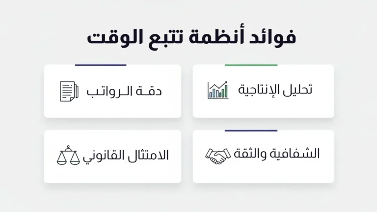 إنفوجرافيك يوضح فوائد أنظمة تتبع الوقت وتشمل: تحليل الإنتاجية، دقة الرواتب، الشفافية والثقة، والامتثال القانوني، بتصميم منظم وعصري.