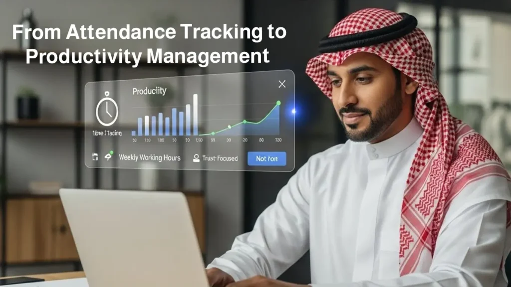 An image of a Saudi businessman in traditional attire reviewing a digital dashboard that analyzes productivity and working hours, reflecting the smart transformation of human resource management.
