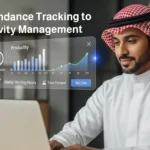 An image of a Saudi businessman in traditional attire reviewing a digital dashboard that analyzes productivity and working hours, reflecting the smart transformation of human resource management.