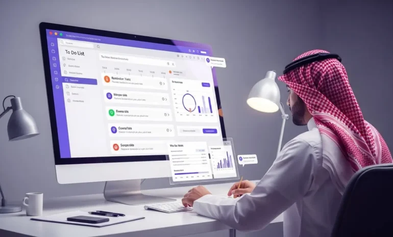 رجل عربي يرتدي الشماغ والثوب، يجلس في مكتب وينظر إلى شاشة حاسوب تعرض واجهة تطبيق لإدارة المهام والقوائم (To Do List) ولوحات بيانية تحليلية، بينما يكتب ملاحظات.