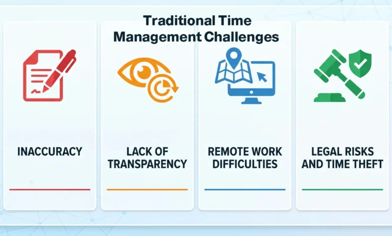 Infographic titled "Traditional Time Management Challenges" highlighting four key issues: Inaccuracy, Lack of Transparency, Remote Work Difficulties, and Legal Risks and Time Theft.