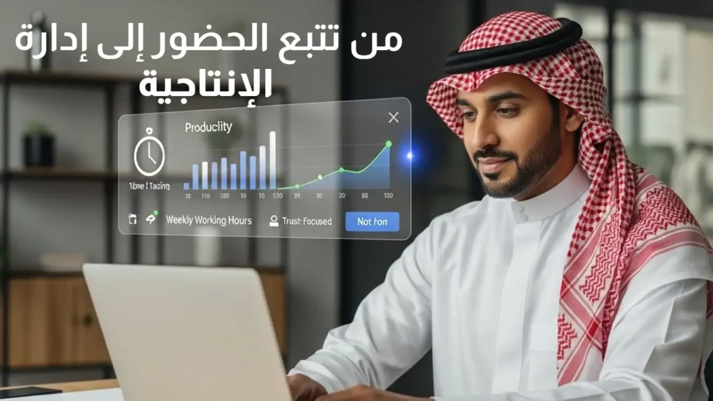 An image of a Saudi businessman in traditional attire reviewing a digital dashboard that analyzes productivity and working hours, reflecting the smart transformation of human resource management.