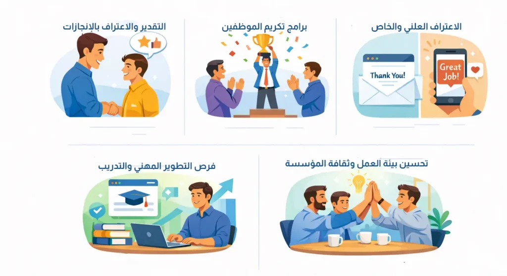 توضيح أساليب تحفيز الموظفين غير المالية كالتطوير المهني والتقدير المعنوي وبرامج التكريم لتعزيز بيئة العمل والإنتاجية.