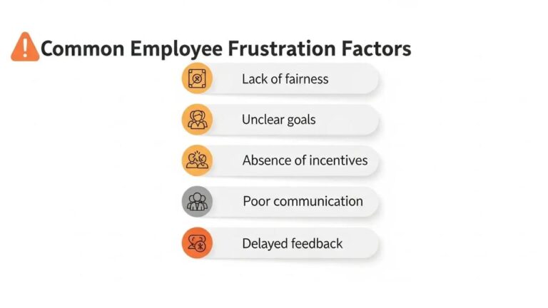 Infographic showing performance evaluation frustration factors: lack of fairness, unclear goals, and delayed feedback.
