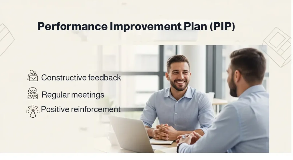 Two professionals discussing Performance Improvement Plan PIP featuring constructive feedback, regular meetings and reinforcement.