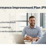 Two professionals discussing Performance Improvement Plan PIP featuring constructive feedback, regular meetings and reinforcement.