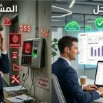 مقارنة بين أعطال جهاز البصمة التقليدي ومرونة برنامج إدارة الموظفين الرقمي عبر السحابة لزيادة الإنتاجية وتنظيم الوقت.