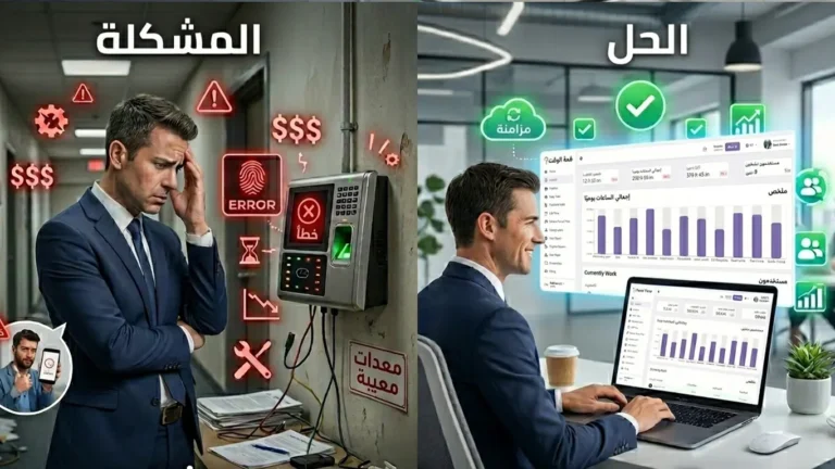 مقارنة بين أعطال جهاز البصمة التقليدي ومرونة برنامج إدارة الموظفين الرقمي عبر السحابة لزيادة الإنتاجية وتنظيم الوقت.