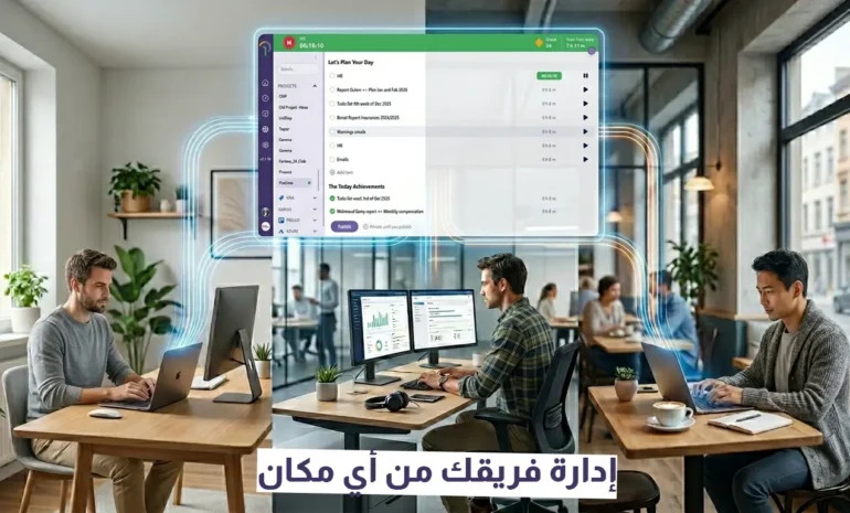 واجهة تطبيق بيك تايم لإدارة فرق العمل عن بعد وتتبع وقت المهام اليومية من أي مكان.