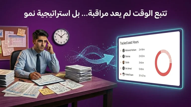 مدير مشروع يفكر بين أوراق العمل بينما تعرض شاشة تحليلية بيانات تتبع الوقت للفريق مع رسم بياني يوضح أداء الفريق والإنتاجية