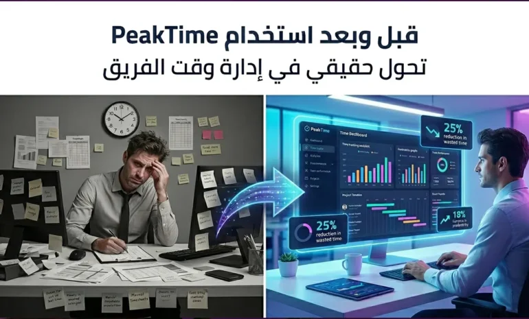 مقارنة بين مدير مرهق وسط أكوام الورق، ونظيره المسترخي الذي يستخدم نظام تتبع الوقت بيك تايم على شاشات حديثة ومنظمة.