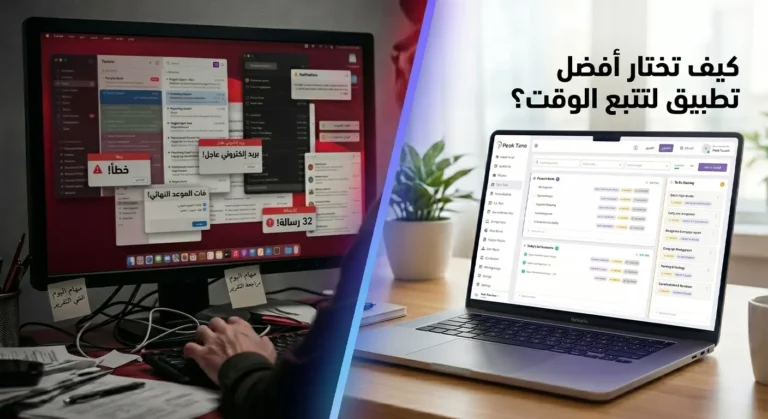 كيفية اختيار أفضل تطبيق لتتبع الوقت للمقارنة بين بيئة عمل فوضوية مليئة بالتنبيهات ومنصة عمل منظمة على اللابتوب.