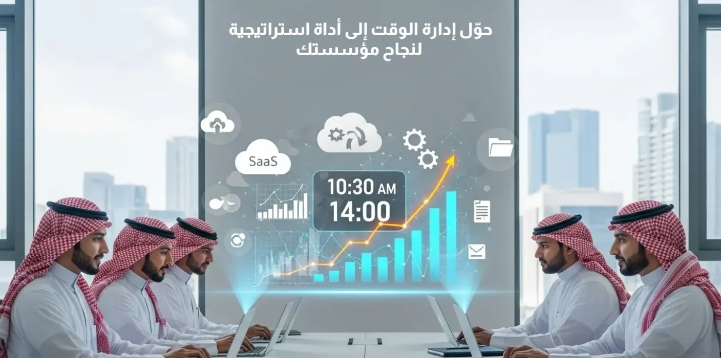 صورة لمجموعة من رجال الأعمال السعوديين يجلسون حول طاولة اجتماعات مضيئة، تظهر أمامهم شاشة رقمية شفافة تعرض مؤشرات نمو وساعات عمل (10:30 AM و 14:00) وبيانات SaaS، مع عنوان رئيسي: "حوّل إدارة الوقت إلى أداة استراتيجية لنجاح مؤسستك"