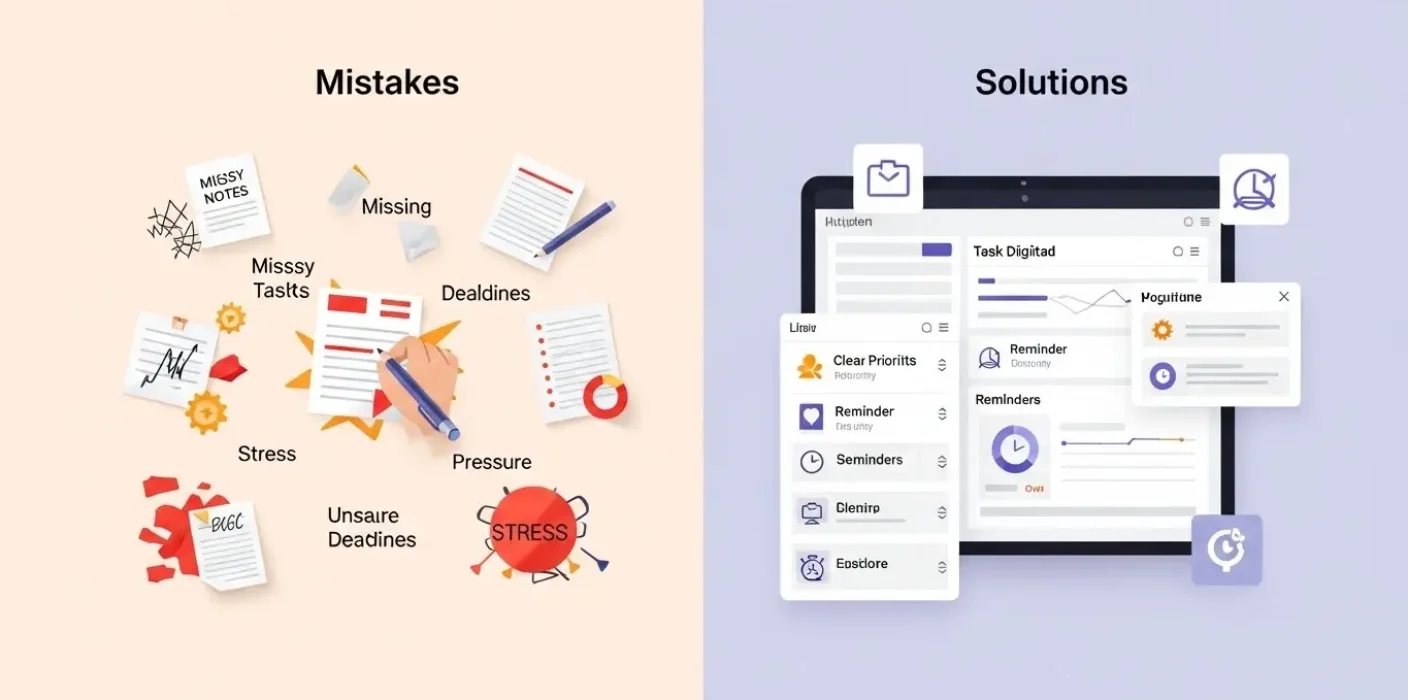The image contrasts common task management Mistakes (like messy notes, missing deadlines, and stress) with the Solutions provided by modern digital tools (like clear priorities and organized reminders).