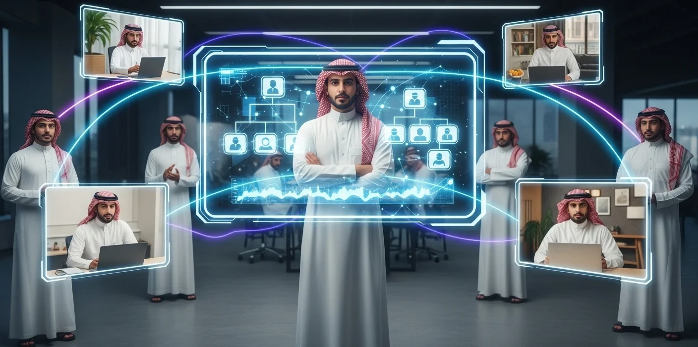 A Saudi man in traditional dress stands in front of a glowing digital organizational chart, surrounded by floating screens showing colleagues.