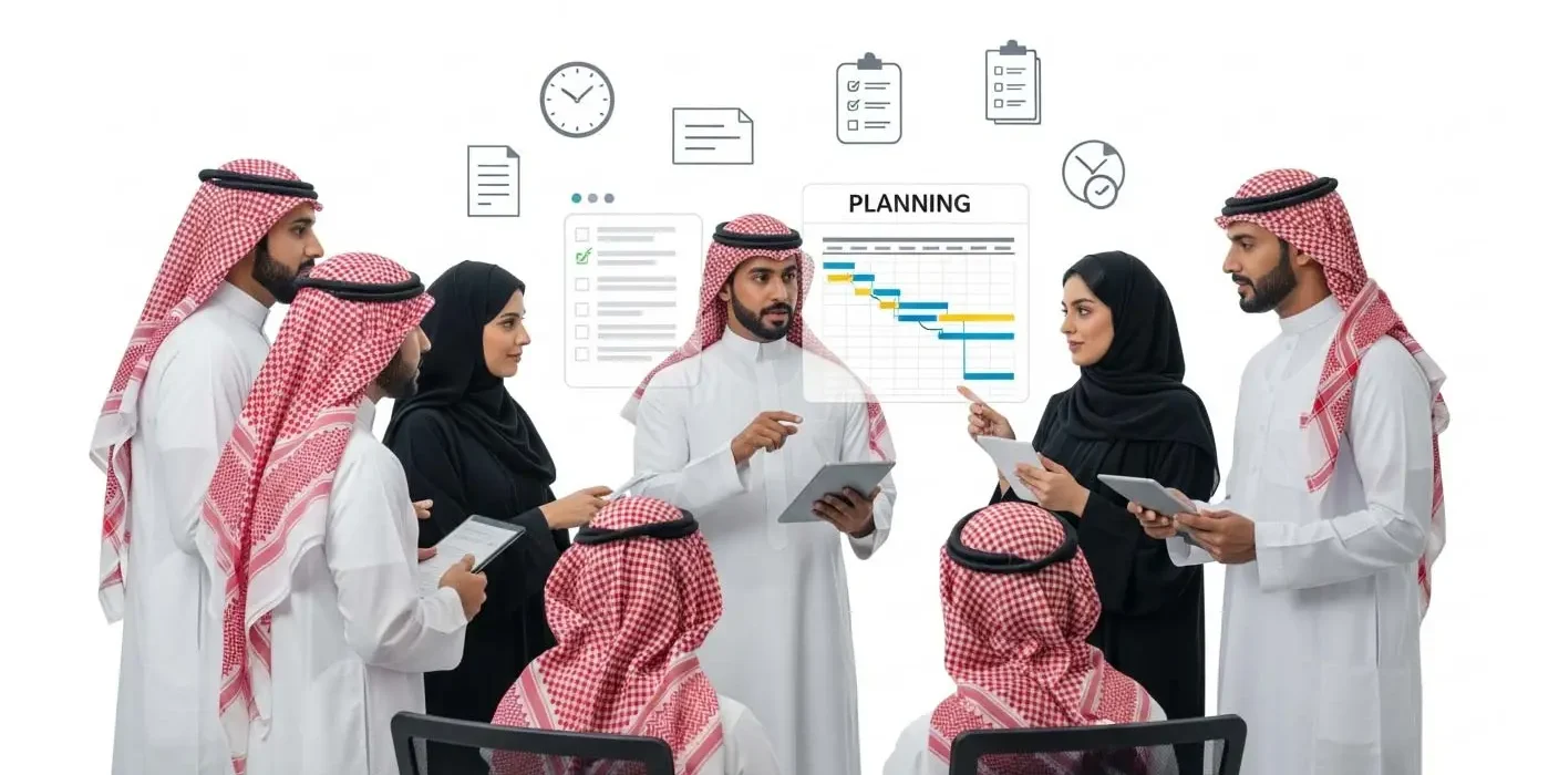 Manage Your Team’s Time Effectively: Diverse Arab team actively planning and organizing work, boosting productivity.