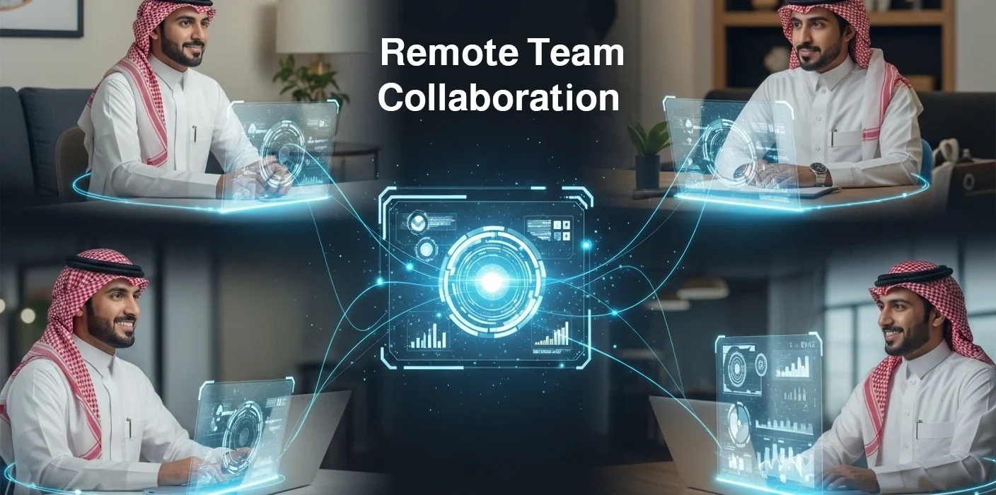 Four men in Saudi attire collaborate remotely via glowing holographic interfaces and laptops, centered around the text 'Remote Team Collaboration.