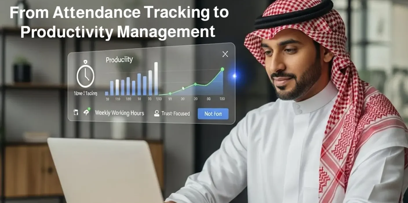 An image of a Saudi businessman in traditional attire reviewing a digital dashboard that analyzes productivity and working hours, reflecting the smart transformation of human resource management.