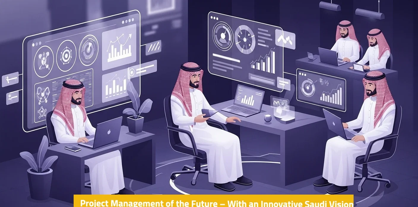 Four Saudi men in Thobes work on laptops, surrounded by data screens. Title: 'Project Management of the Future – With an Innovative Saudi Vision