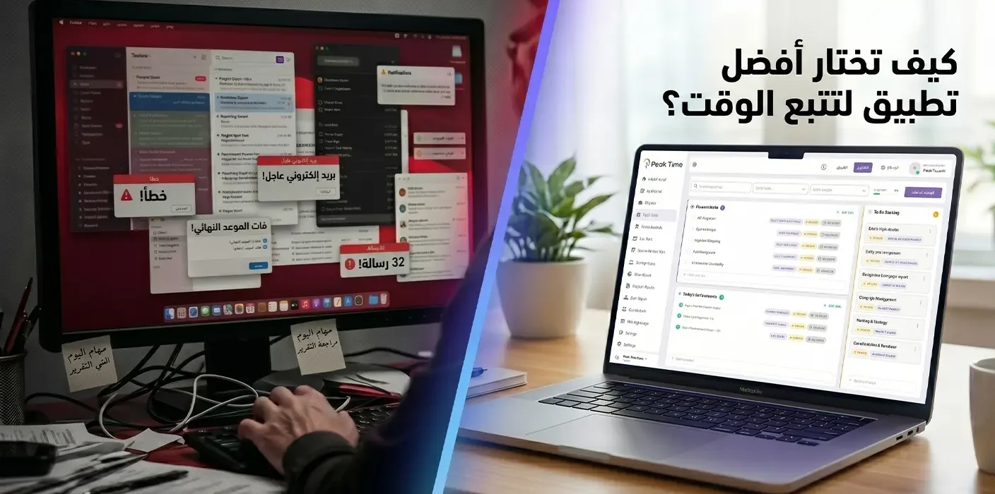 كيفية اختيار أفضل تطبيق لتتبع الوقت للمقارنة بين بيئة عمل فوضوية مليئة بالتنبيهات ومنصة عمل منظمة على اللابتوب.