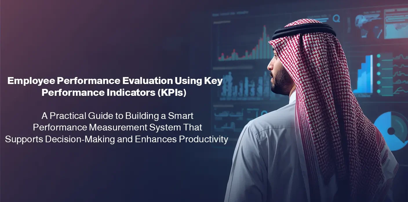 Employee performance measurement guide using KPIs to enhance productivity and decision-making shown on a digital dashboard.