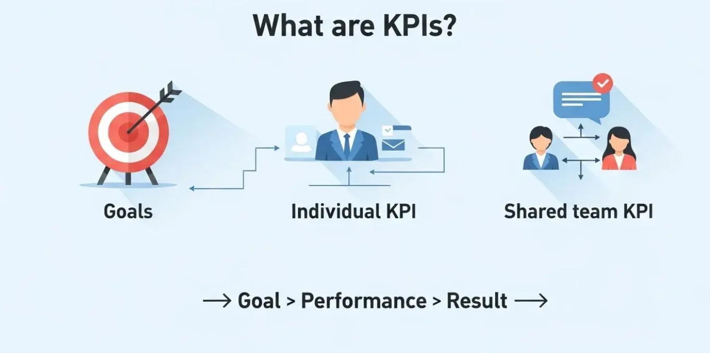 Infographic of individual and team KPIs, showing the process of linking goals to performance to achieve desired results.