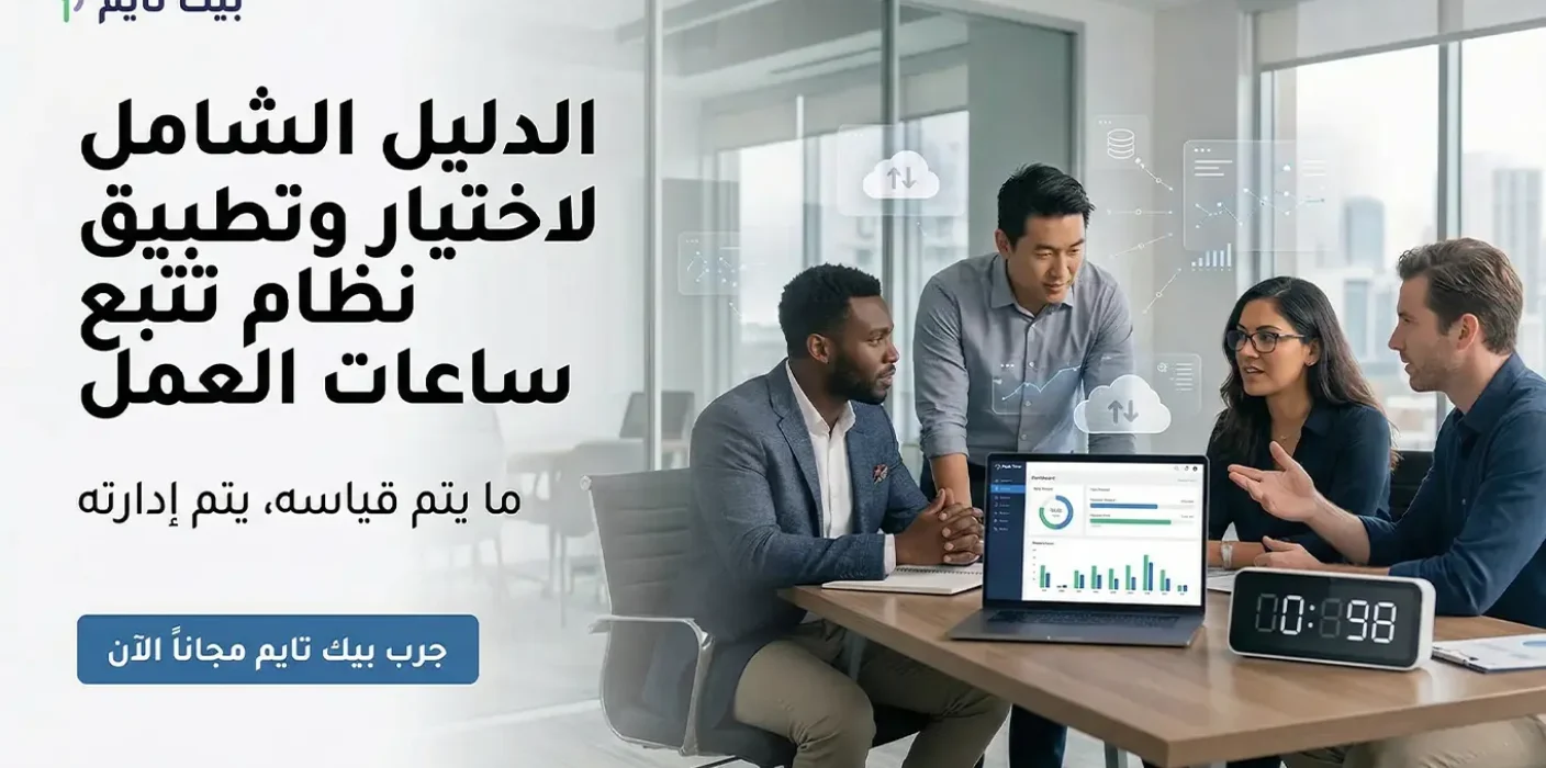 فريق عمل يحلل إنتاجية الموظفين عبر نظام تتبع ساعات العمل بيك تايم من خلال لوحة بيانات ذكية لتحسين أداء الشركة.