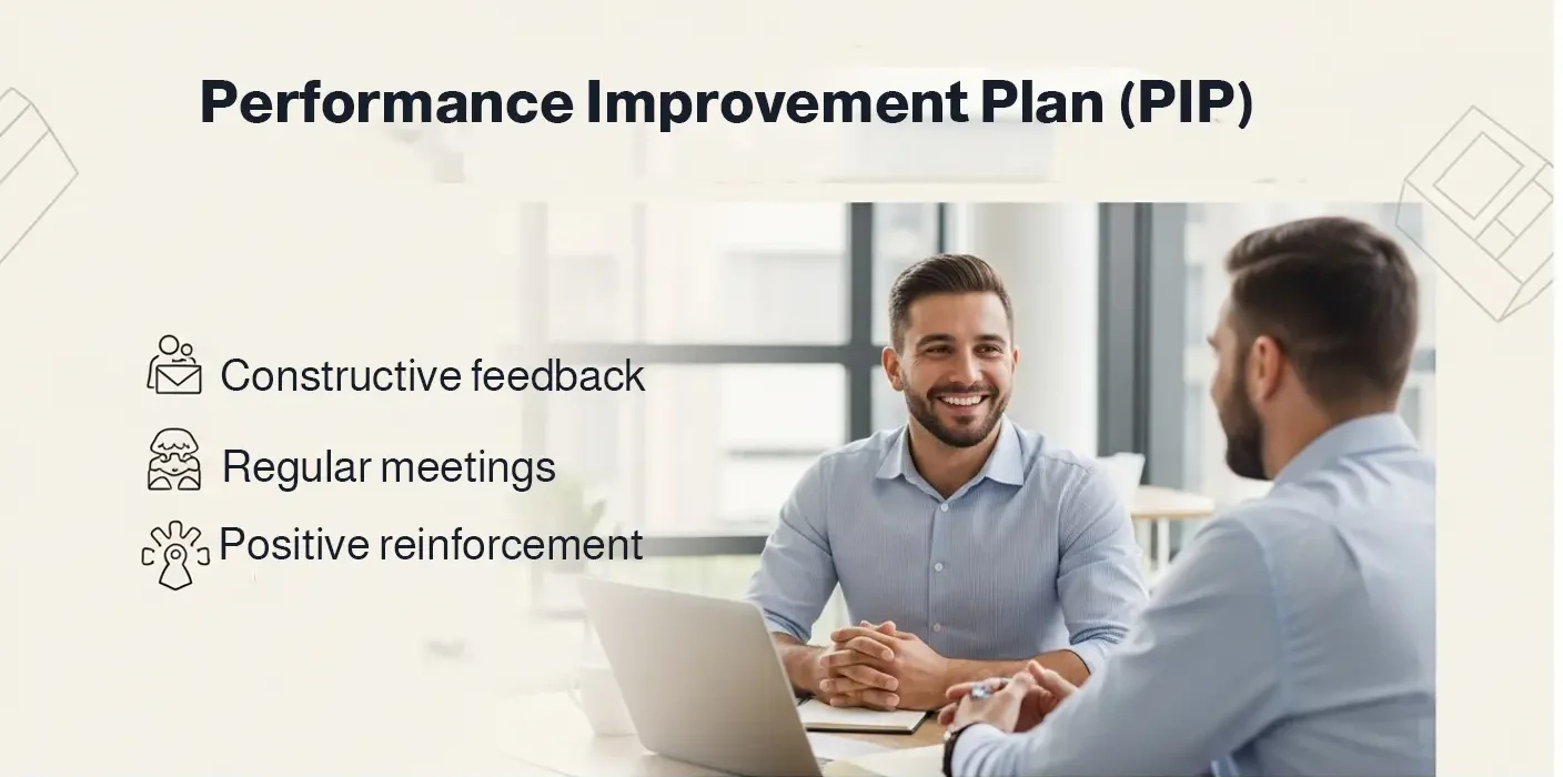 Two professionals discussing Performance Improvement Plan PIP featuring constructive feedback, regular meetings and reinforcement.