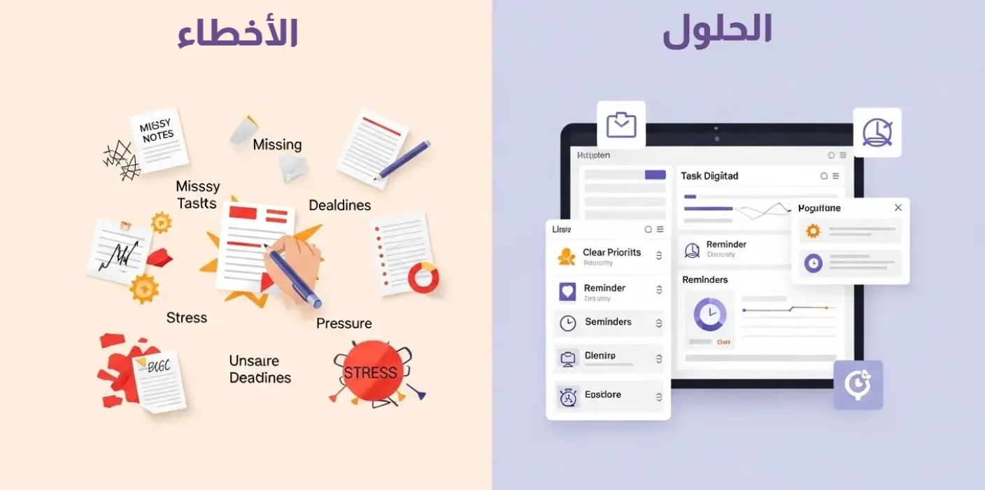 الصورة تقارن بين الأخطاء الشائعة في إدارة المهام (مثل الإجهاد، والملاحظات المفقودة، والمواعيد النهائية غير الواقعية) والحلول الفعالة (مثل استخدام أدوات رقمية لتنظيم المواعيد والتذكيرات وتحديد الأولويات بوضوح).