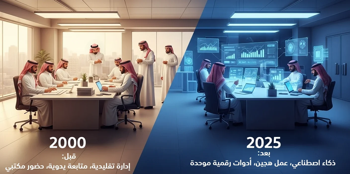 تُصوّر الصورة الانتقال من الإدارة التقليدية والاعتماد على الحضور المكتبي والمتابعة اليدوية إلى إدارة أكثر حداثة تستند إلى الذكاء الاصطناعي والعمل الهجين والأدوات الرقمية الموحدة.