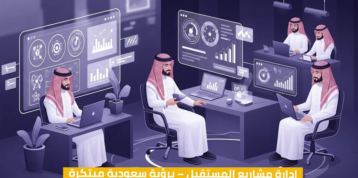 صورة رقمية تُظهر أربعة رجال يرتدون الزي السعودي التقليدي يعملون على أجهزة حاسوب محمول في مكتب عصري، محاطين بشاشات رقمية تعرض لوحات بيانات ومخططات لتحليل وإدارة المشاريع، مع شريط نصي في الأسفل يقول: "إدارة مشاريع المستقبل - برؤية سعودية مبتكرة"