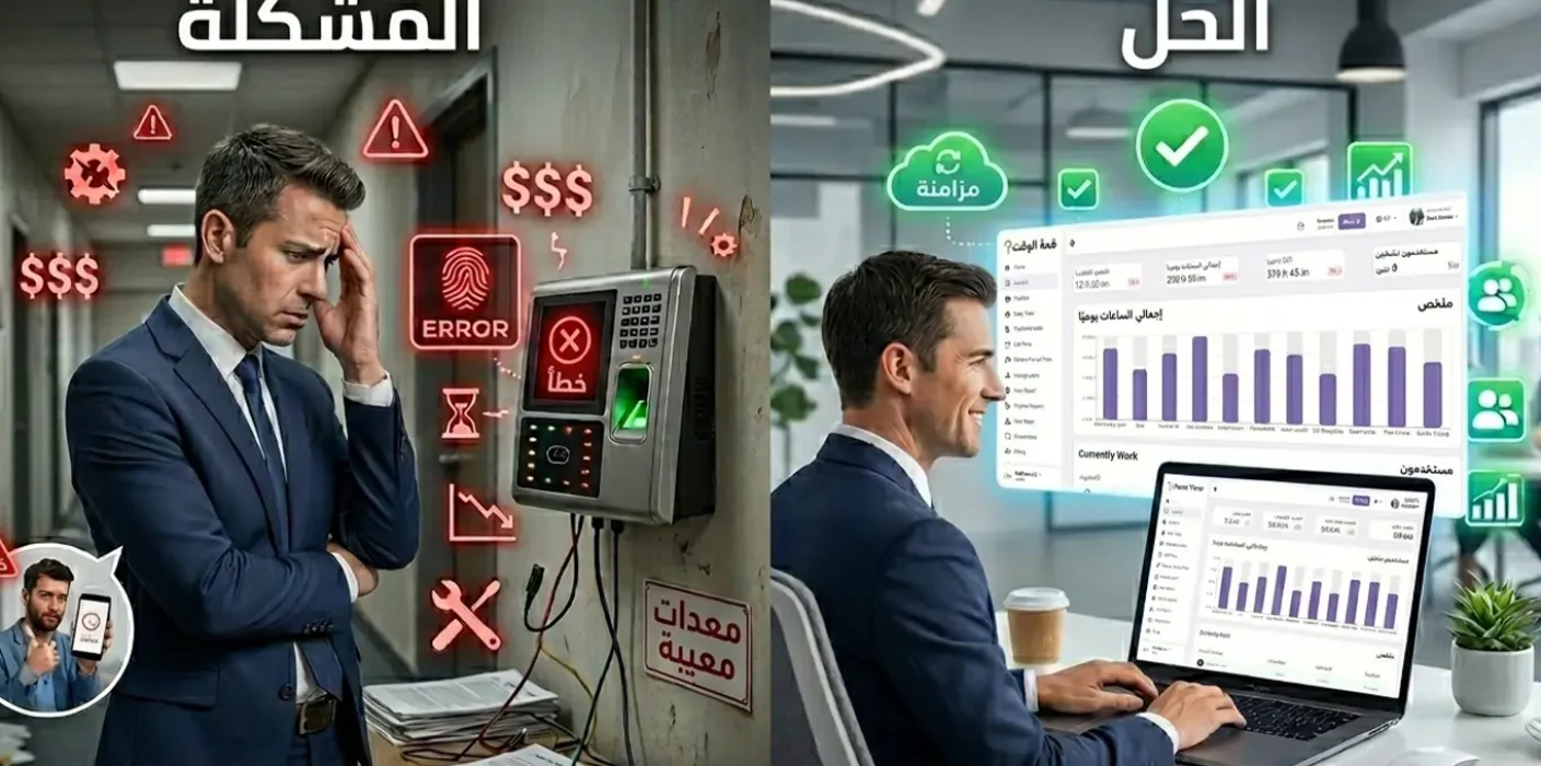 مقارنة بين أعطال جهاز البصمة التقليدي ومرونة برنامج إدارة الموظفين الرقمي عبر السحابة لزيادة الإنتاجية وتنظيم الوقت.