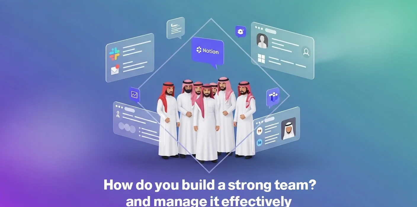 Six men in thobes surrounded by holographic screens and the Notion logo, illustrating team building and effective digital management tools.