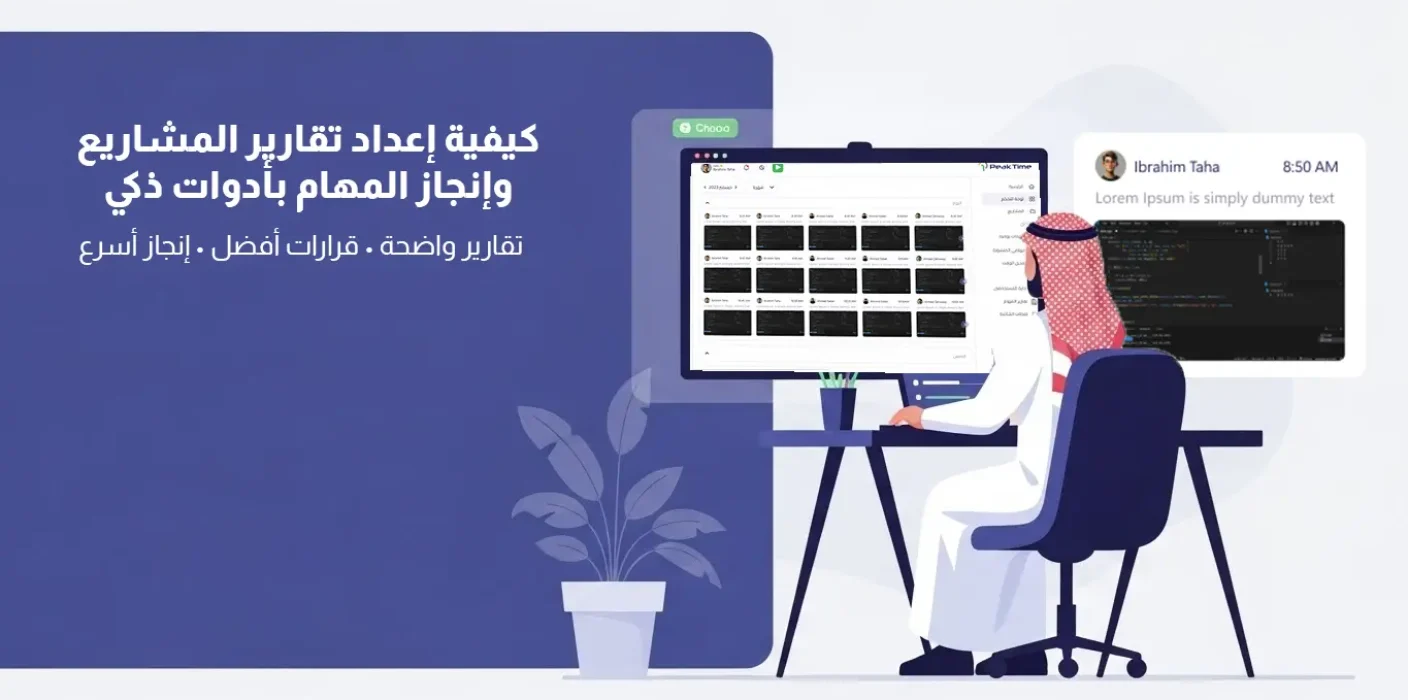 رسم توضيحي يظهر شخصاً يستخدم أدوات ذكية لإعداد تقارير نشاط الموظفين عبر لوحة تحكم بيك تايم التي تعرض لقطات الشاشة وسجلات الأداء.