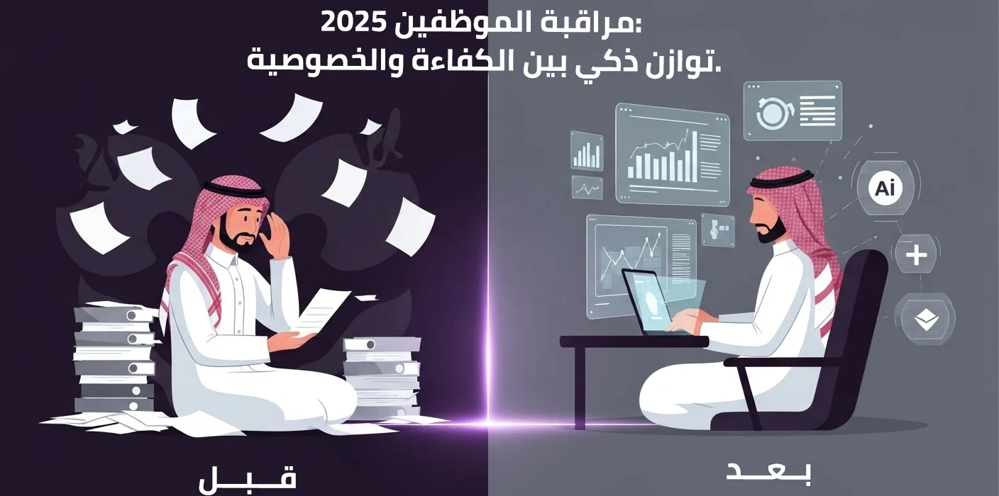 هذه الصورة تظهر مقارنة بين مراقبة الموظفين "قبل" (تكدس أوراق وإرهاق) و"بعد" عام 2025 (استخدام برامج الأدارة لتحقيق توازن ذكي بين الكفاءة والخصوصية).