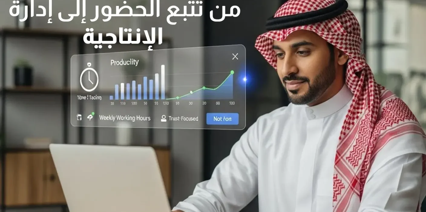 An image of a Saudi businessman in traditional attire reviewing a digital dashboard that analyzes productivity and working hours, reflecting the smart transformation of human resource management.